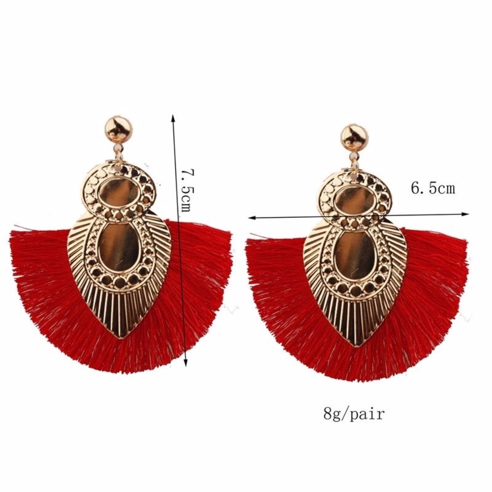 Royal Crimson Tassel Fan Gold Earrings - Picture 3 of 3